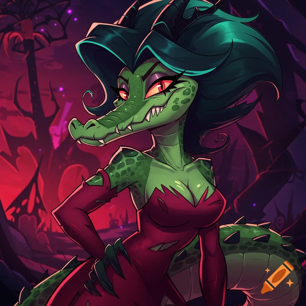 Anthropomorphic alligator woman in a red dress standing in a dark, stylized environment.