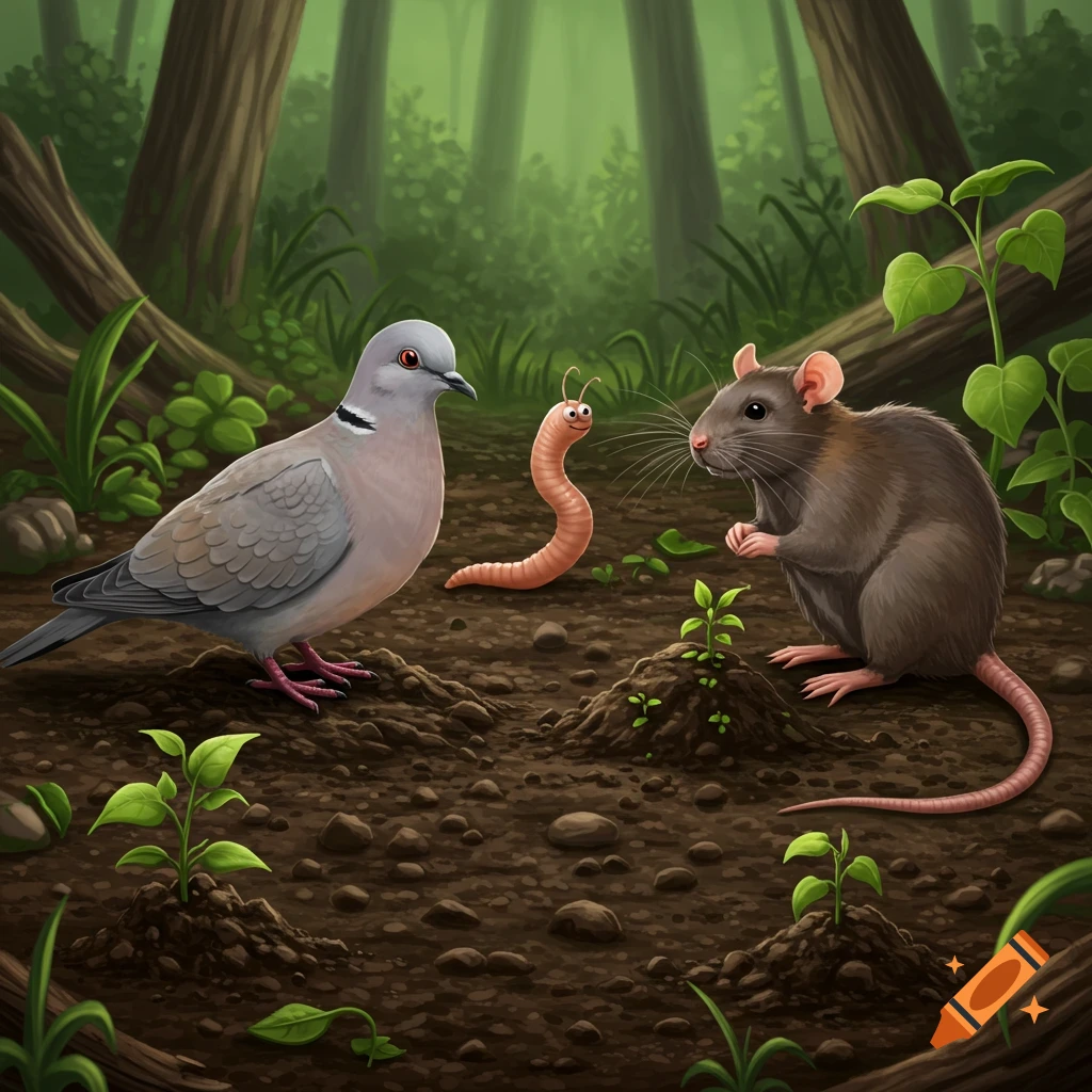 A dove, a rat, and a worm stand on dirt mounds in a forest clearing