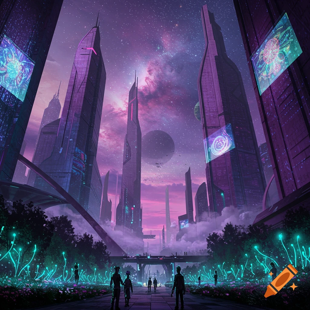 A futuristic city at night with tall purple skyscrapers, glowing plants, and figures walking