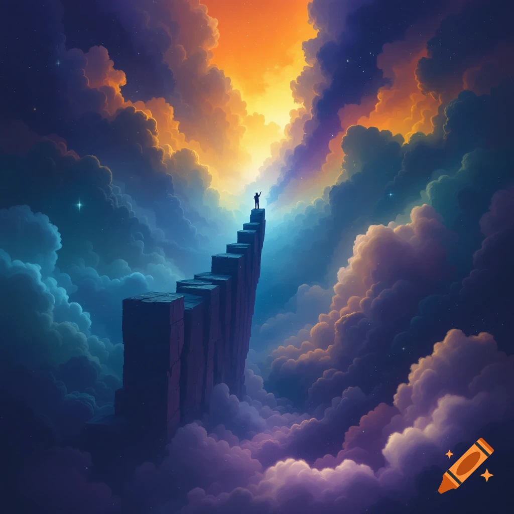 A figure climbing stone steps through epic clouds toward a bright sky