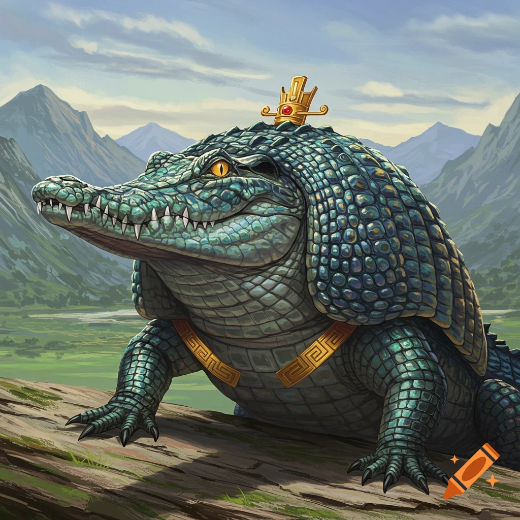 A large crocodile wearing a golden crown and chest armor, sitting on a log in a mountain landscape.
