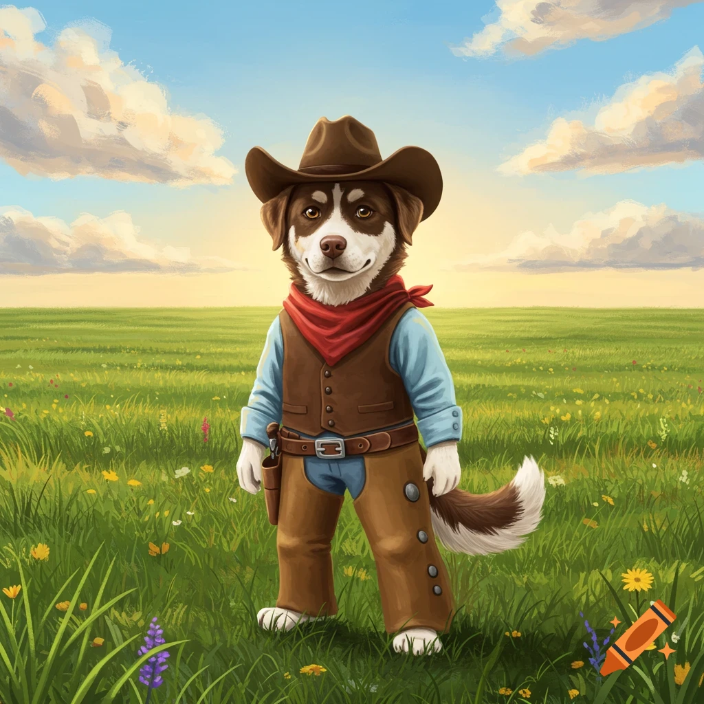 A dog dressed as a cowboy stands in a field.