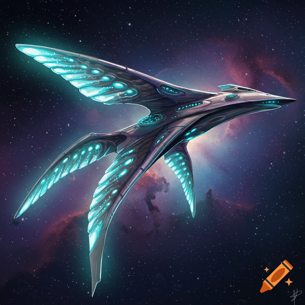 A futuristic aircraft with glowing wings is flying through space with stars and a nebula.