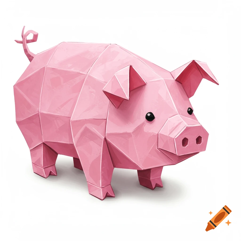 A pink geometric pig on a white background.