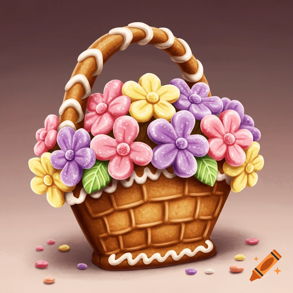 A gingerbread cookie basket filled with colorful candy flowers.