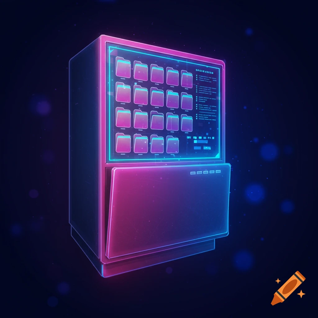 A digital filing cabinet glowing with neon pink and blue light in a dark room.