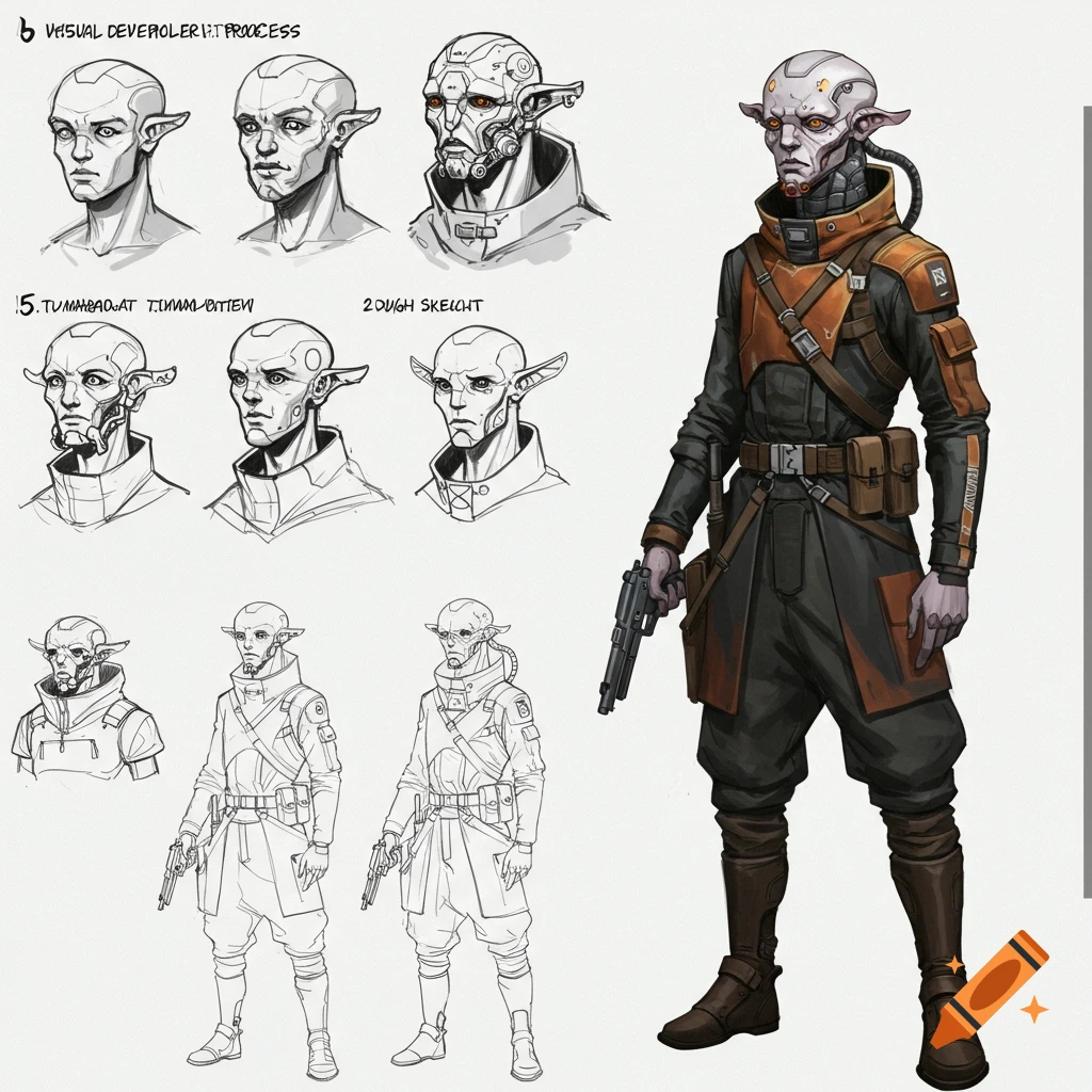 Sci-fi character design sketches of a figure with pointed ears and cybernetics, wearing an orange and black suit and holding a gun.