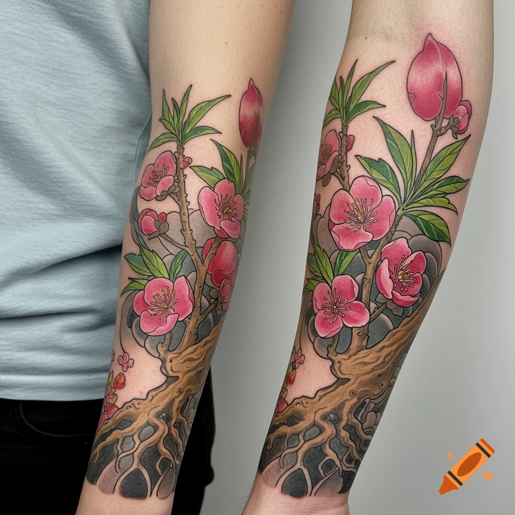 Chinese peach tree branch tattoo design with pink blossoms, fruit, and roots on an arm.
