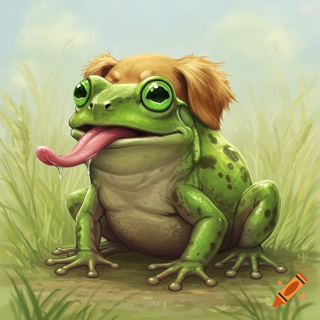 A green frog with a dog's head on top sticking its tongue out