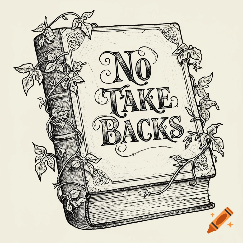 Line drawing of a book with vines and the text 'No Take Backs'.