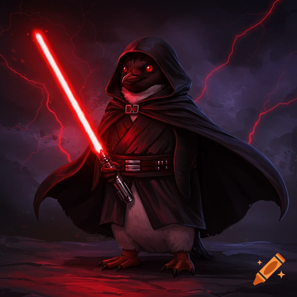 A penguin dressed as a Sith lord holds a red lightsaber as red lightning flashes.