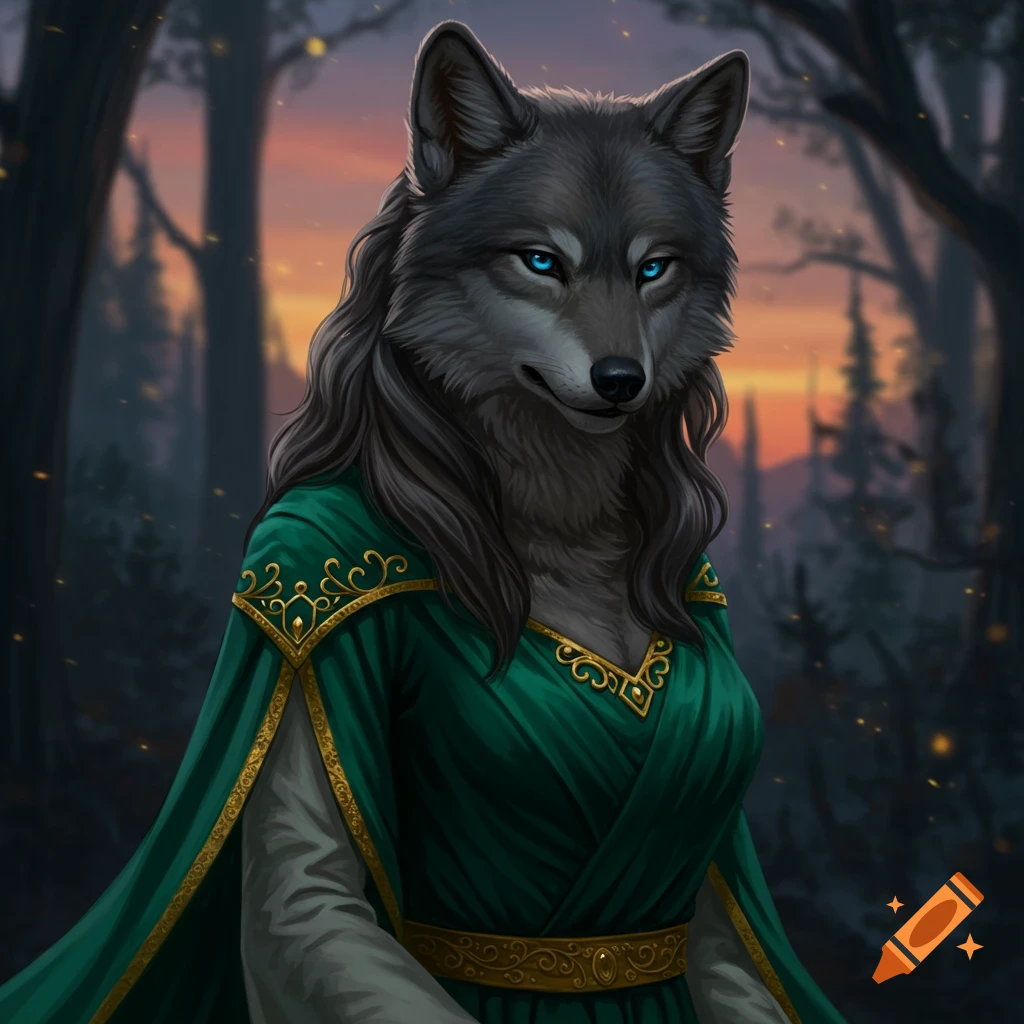 Anthropomorphic wolf woman in a green dress standing in a forest at sunset.