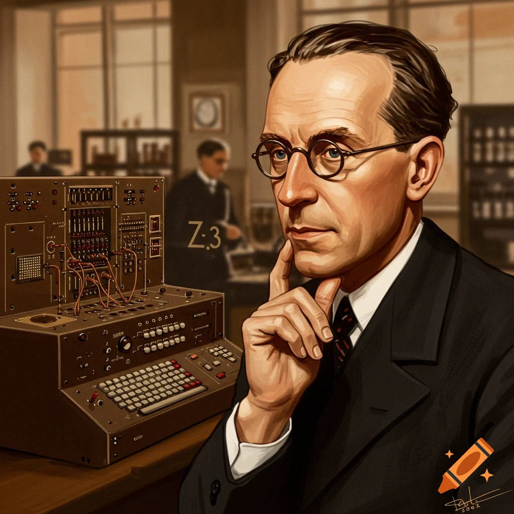 A man in a suit is standing next to an old computer, with 'Z:3' in the background.