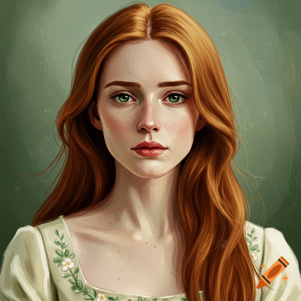 Portrait of a woman with long red hair and green eyes.