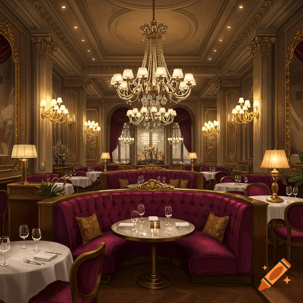 An elegant, luxurious restaurant interior with red velvet booths, round tables set with wine glasses, large chandeliers, and ornate golden decor.
