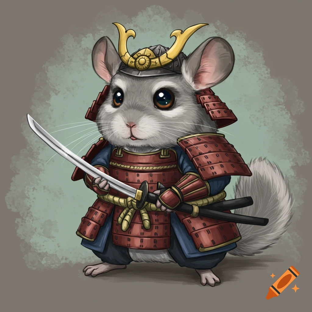 A cute chinchilla wearing samurai armor and holding a katana sword.