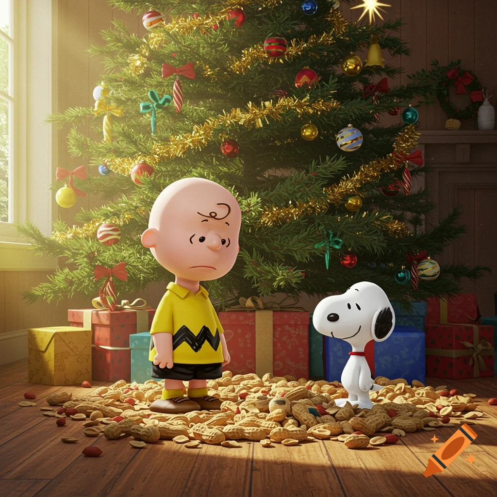Cartoon image of sad Charlie Brown and happy Snoopy near a Christmas tree  and peanuts on Craiyon, image size:1024x1024