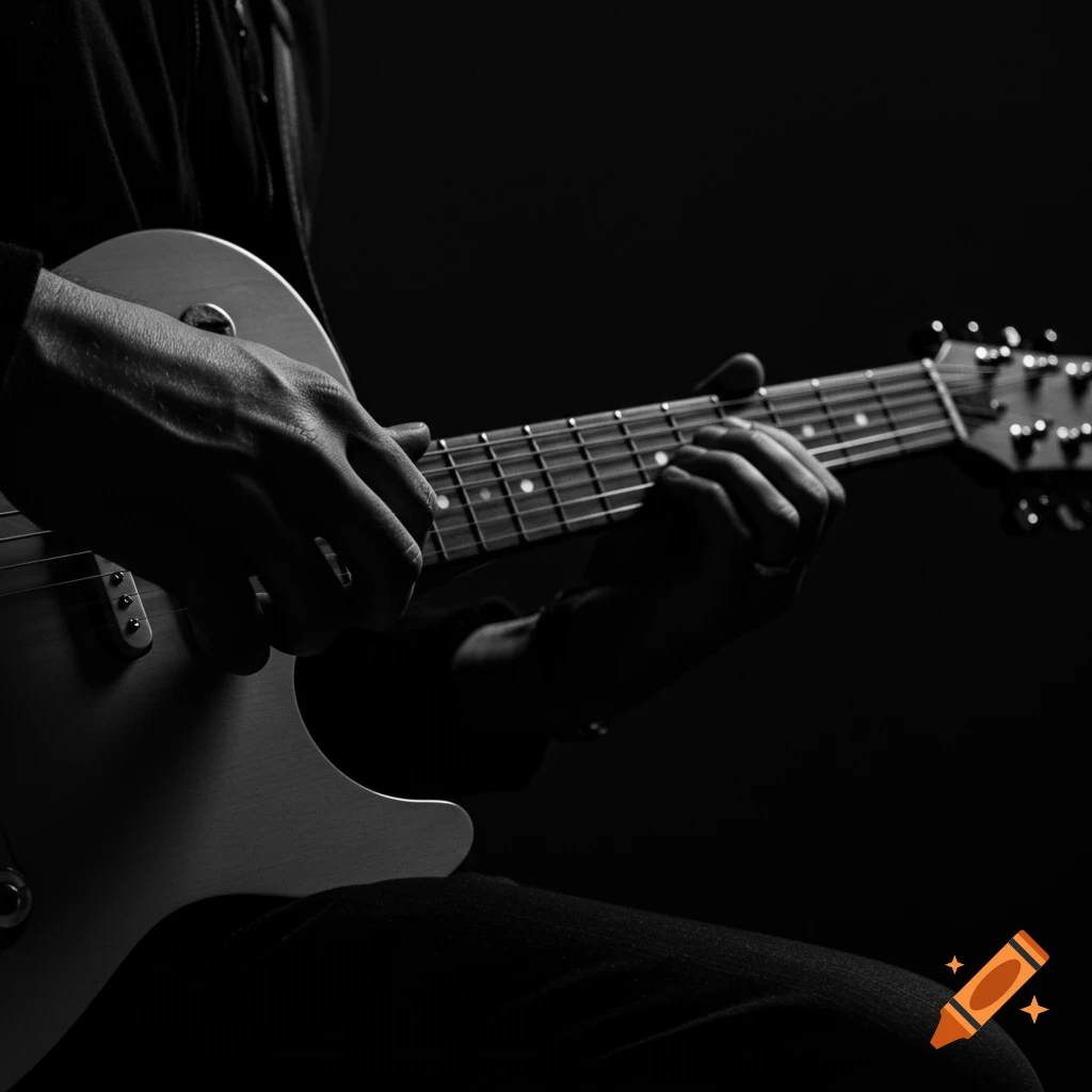 Black and white close-up of hands playing an electric guitar in low light.