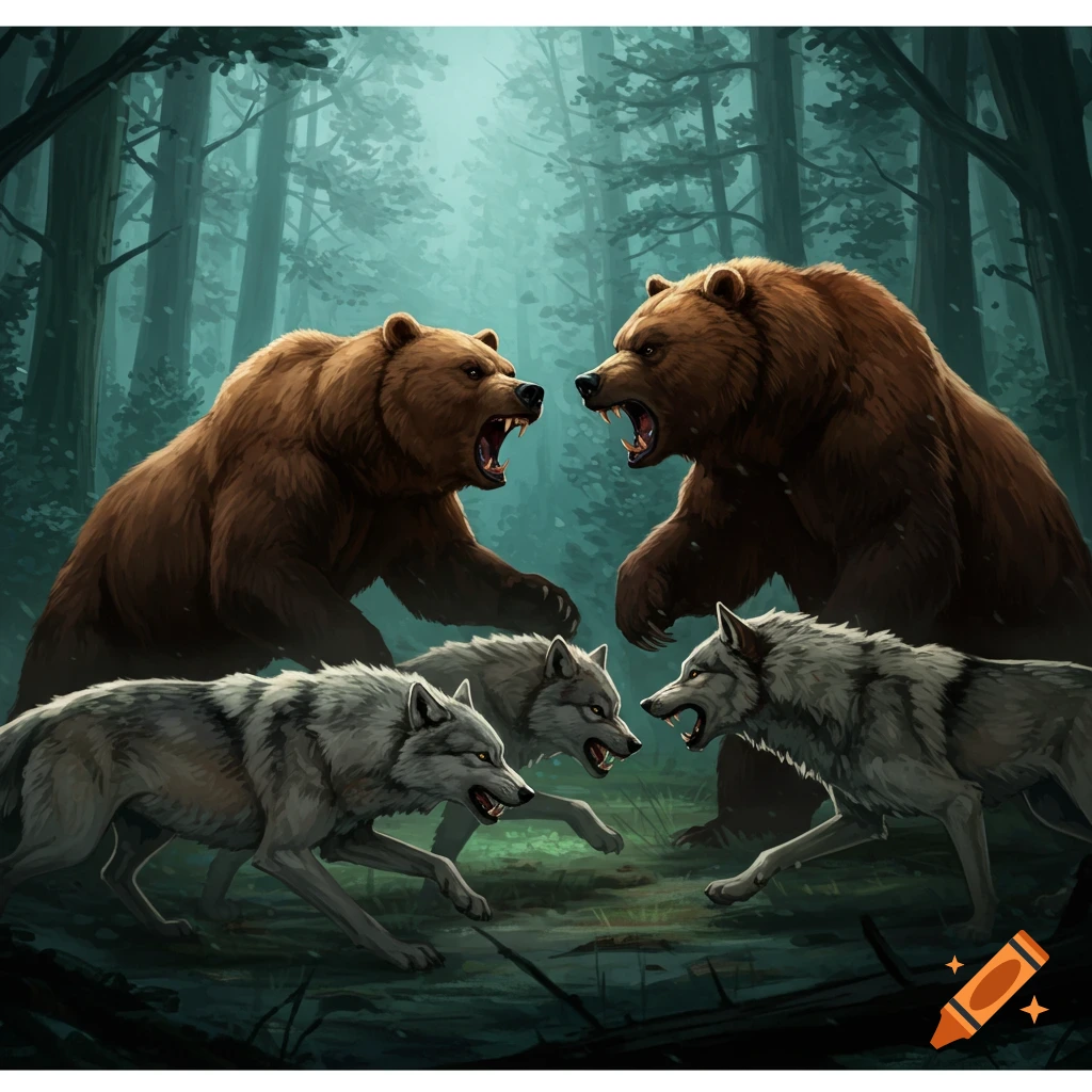 Two bears and multiple wolves ready to battle in a forest.