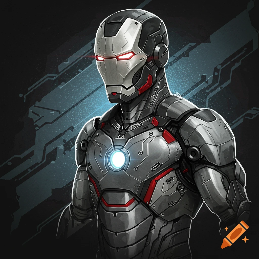 Illustration of a grey, black, and red metallic exoskeleton suit with a glowing chest piece, similar to Iron Man.
