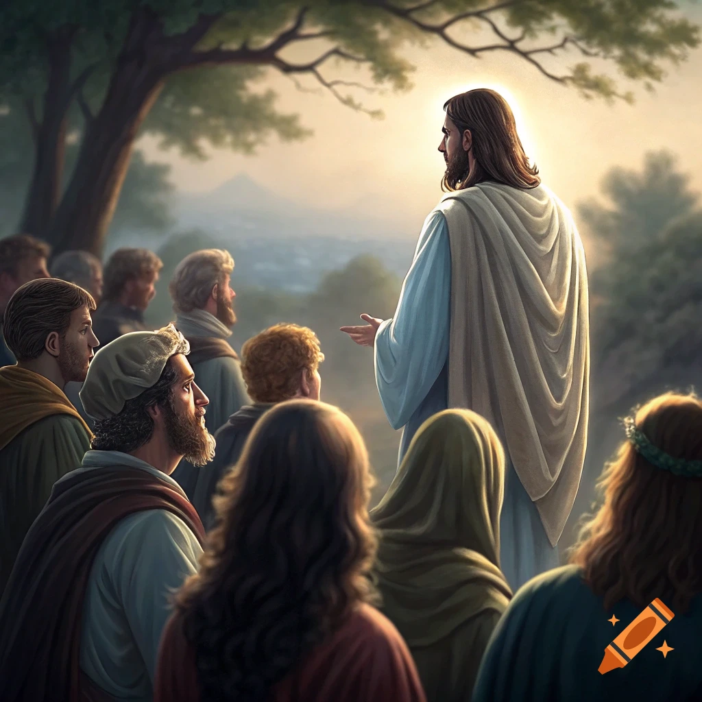 Jesus speaks to a crowd of blurred figures gathered around him in a landscape setting.