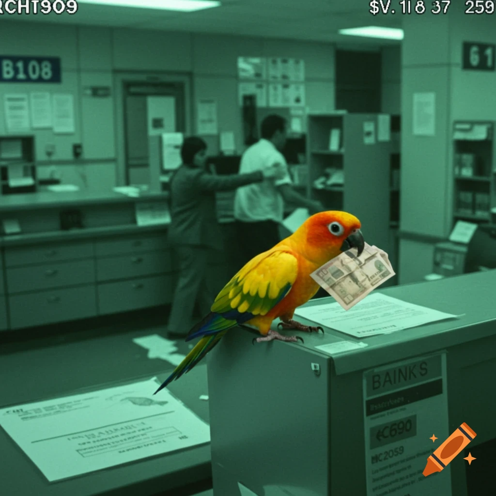 Sun conure with money in beak inside a bank, viewed through grainy CCTV footage.