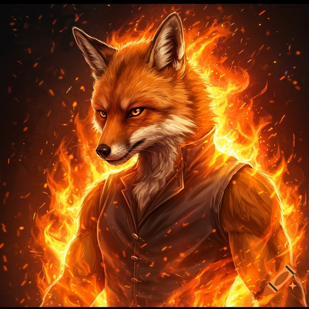 An anthropomorphic fox wearing a vest is engulfed in flames.