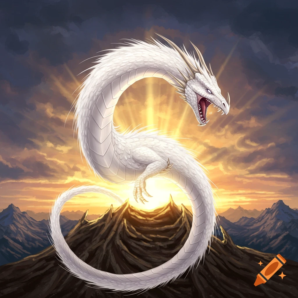 A white dragon coils in front of a radiant sunrise over mountains.