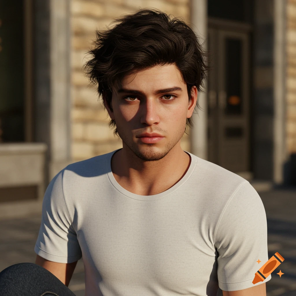 Close-up photorealistic portrait of a young man outdoors