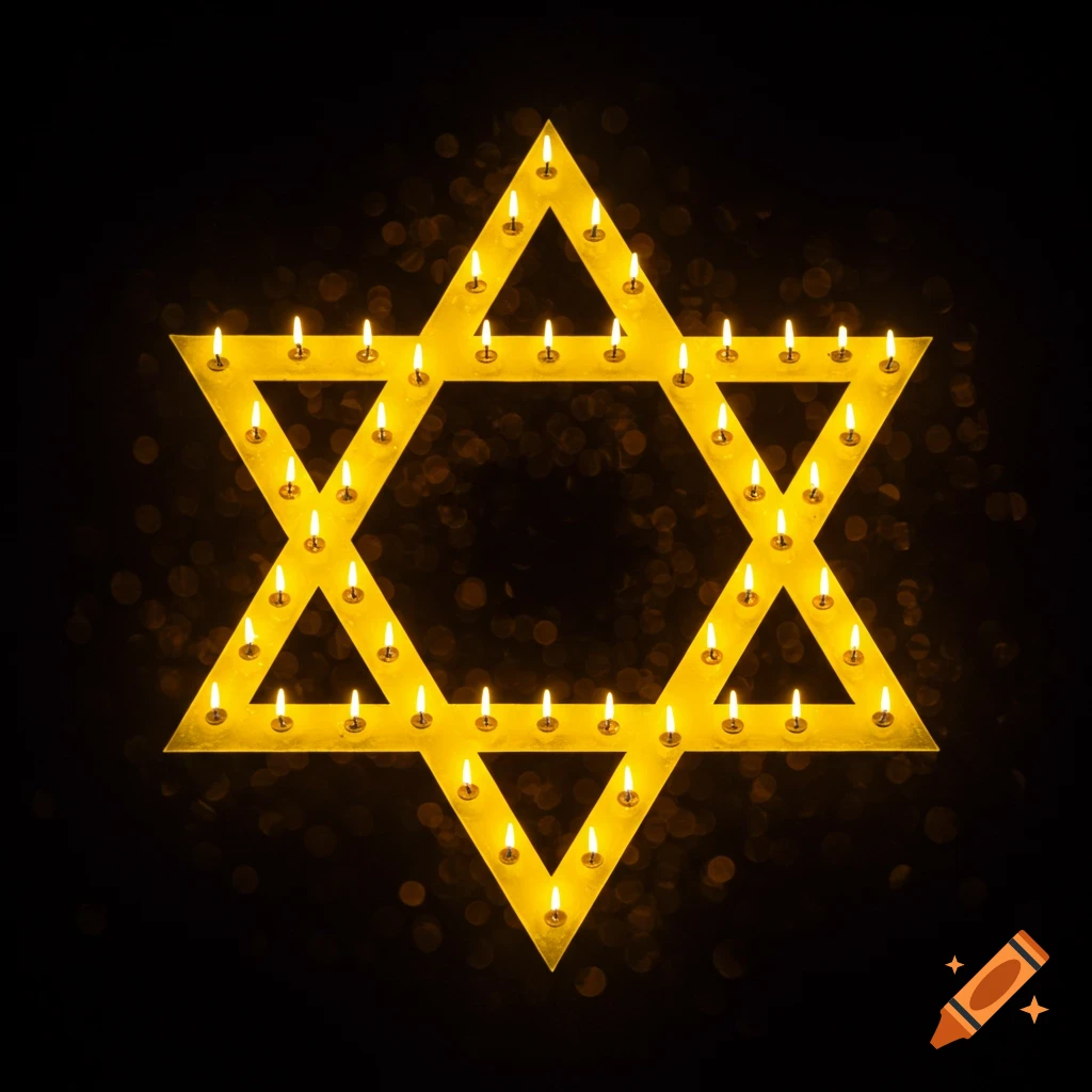 A yellow Star of David formed by many lit candles on a dark background with bokeh.