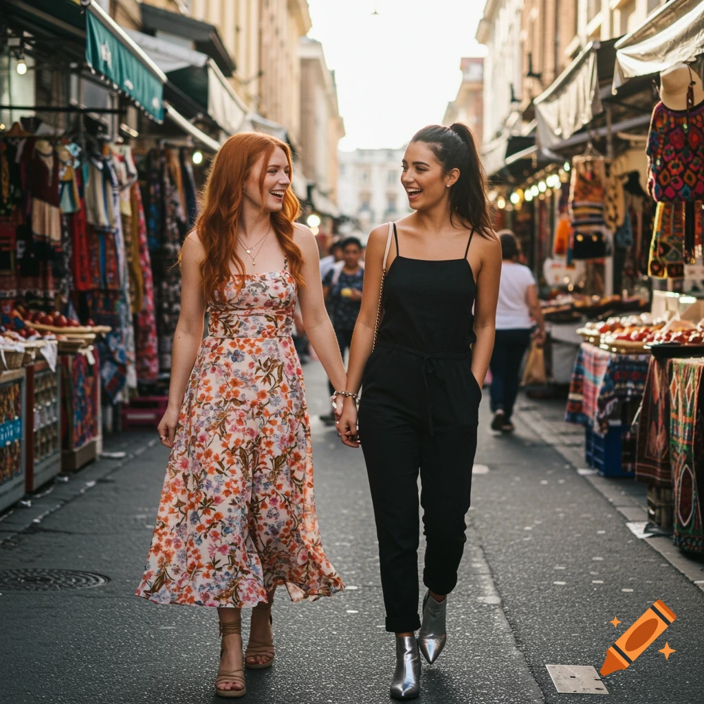 Two friends in a floral dress and black jumpsuit walk hand-in-hand through a sunlit outdoor market.