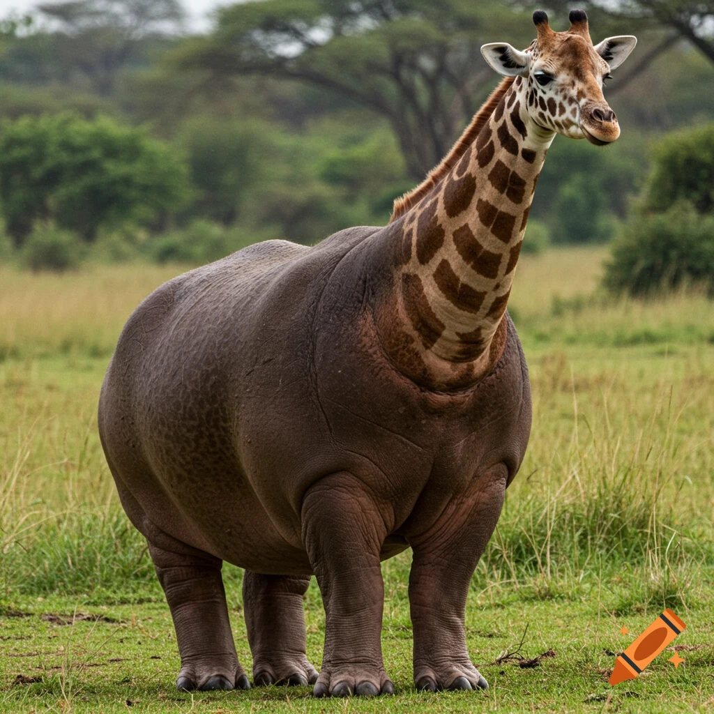 A realistic photo of a creature with a giraffe's head and neck and a hippopotamus's body and legs standing in a field.