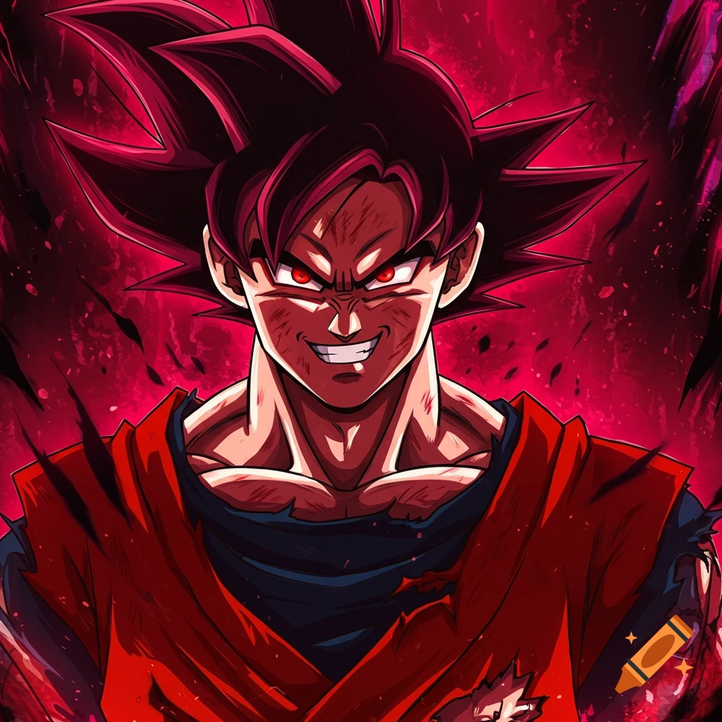 Goku with red eyes and ripped clothes, in an anime art style