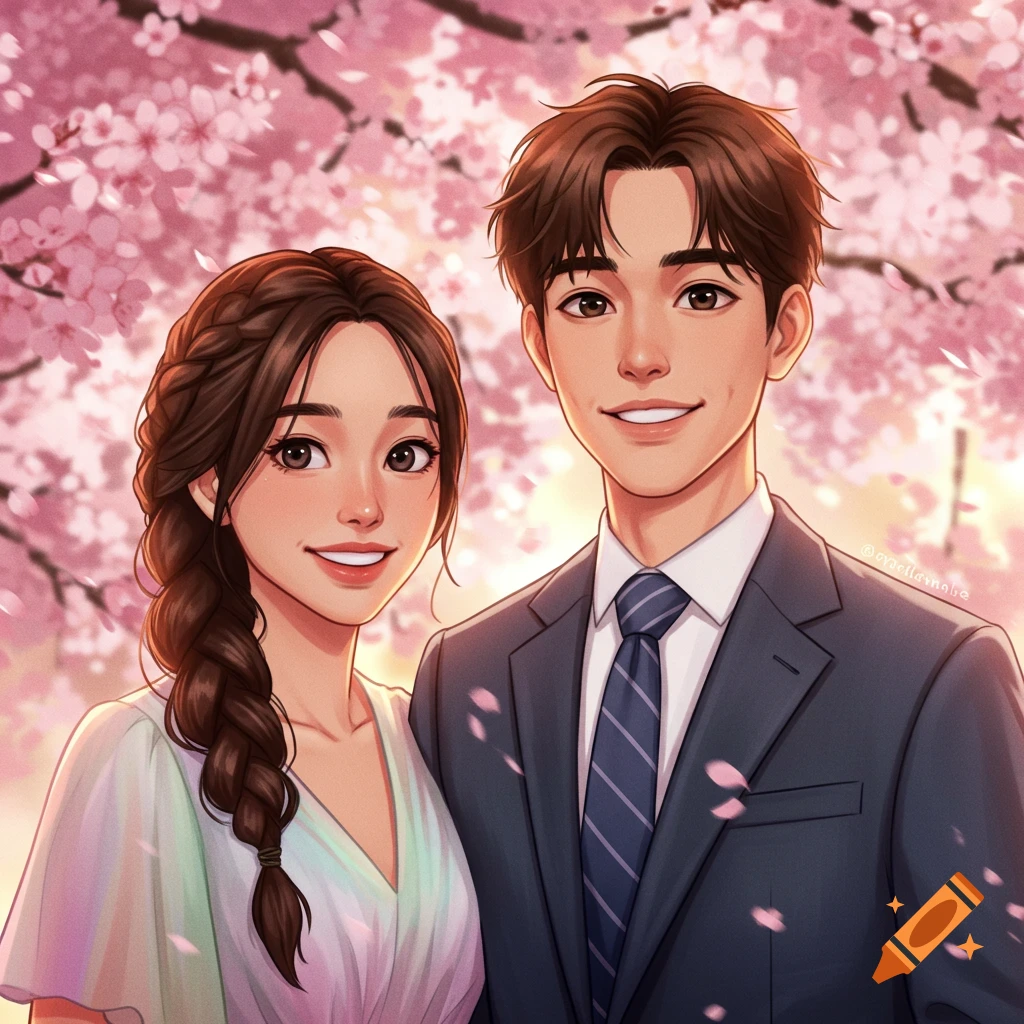 Digital illustration of a young couple smiling in front of cherry blossoms.