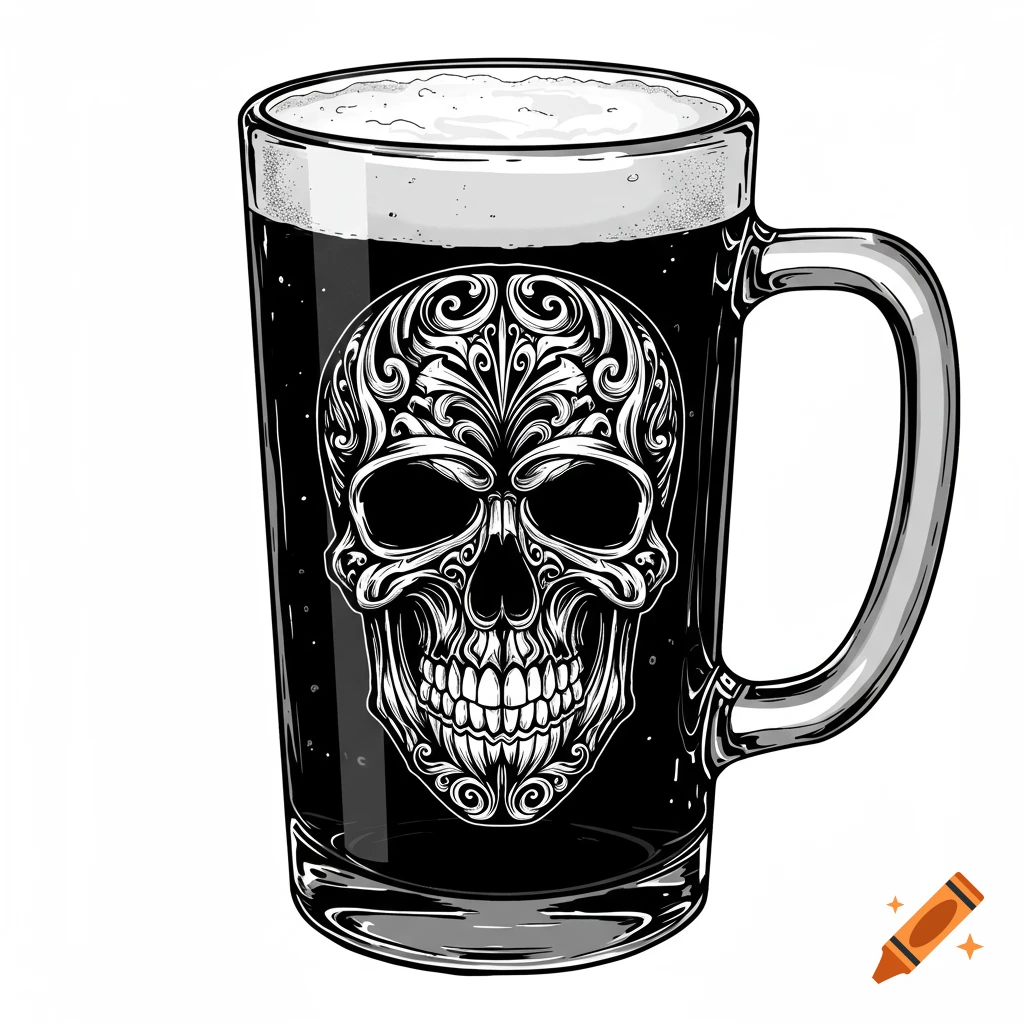 Black and white illustration of a pint glass with a decorative skull.