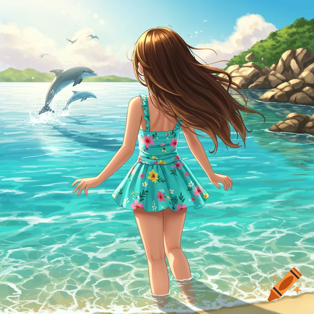 Girl in a swim dress watching dolphins jump from the ocean