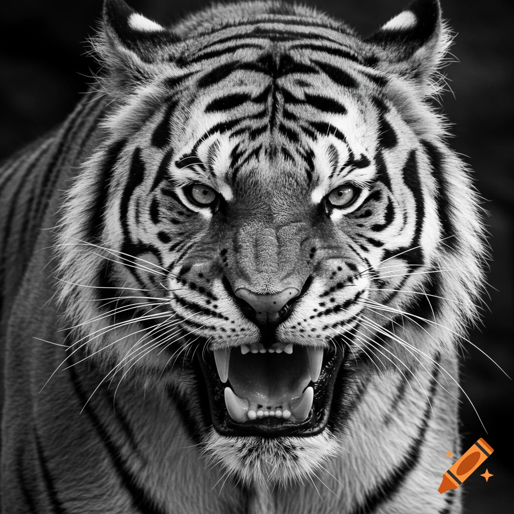 Black and white portrait of a snarling tiger with mouth open, showing teeth.