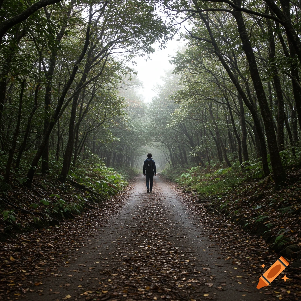 Person walks down a misty forest path, view from behind.