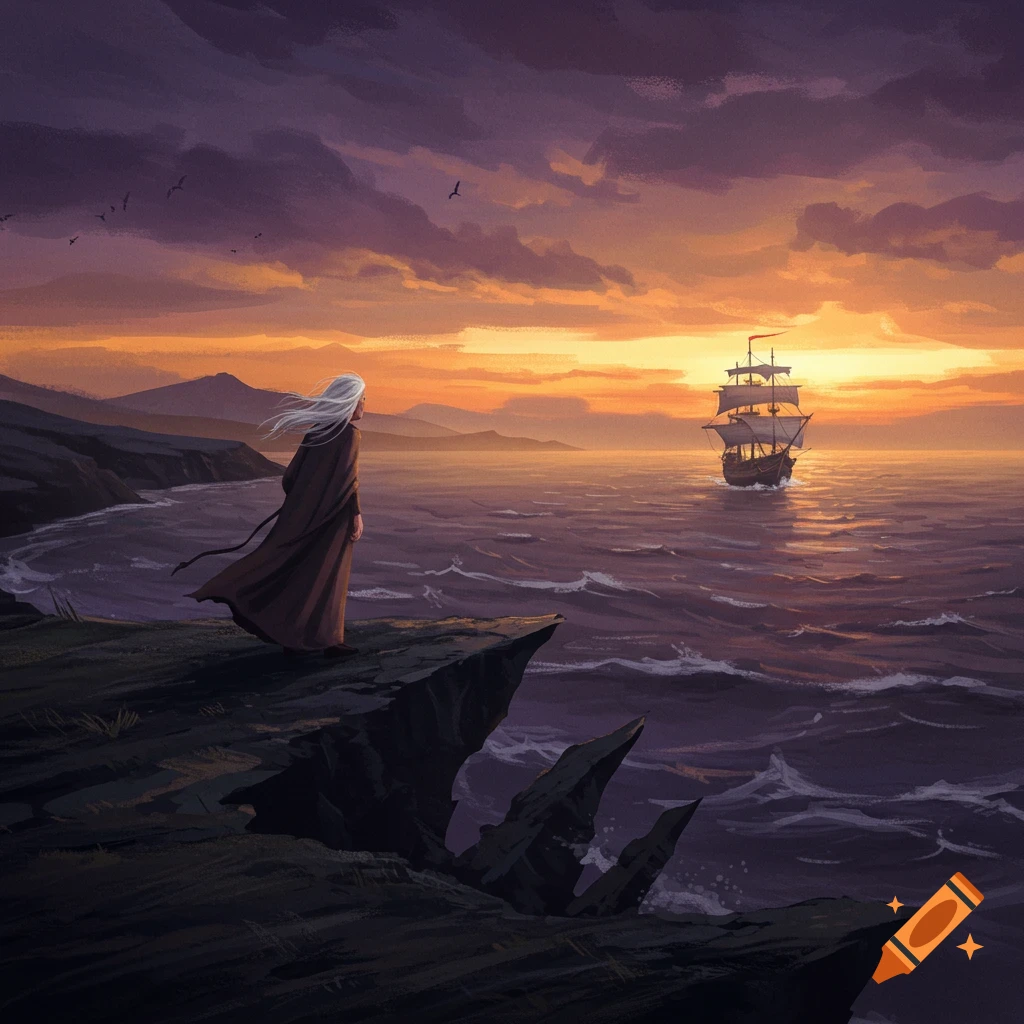 A person stands on a cliff watching a sailing ship at sunset.