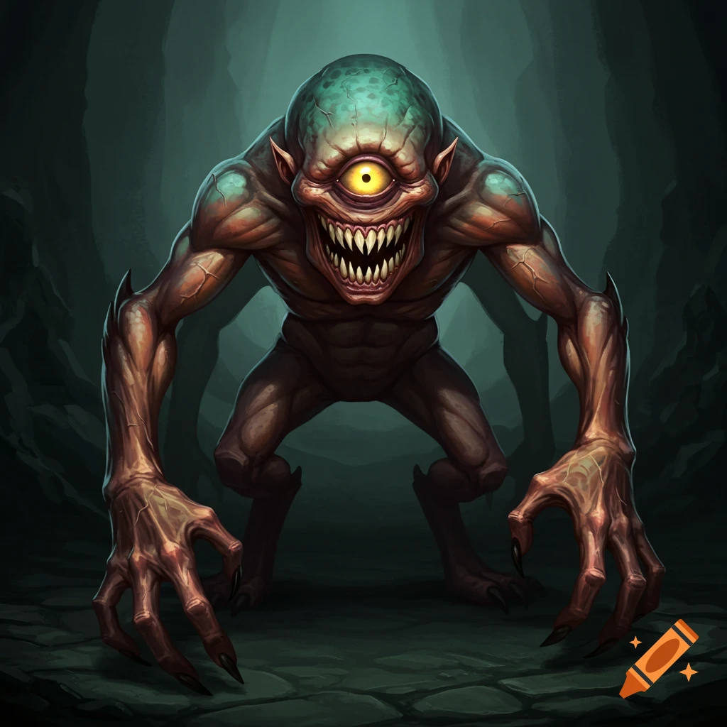 A red and teal cyclops monster with sharp teeth and large hands is in a dark cave.