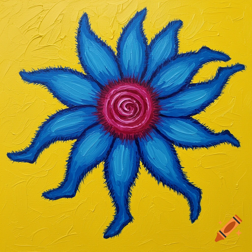 Acrylic painting of a blue flower with hairy leg-like petals ending in feet on a yellow background.