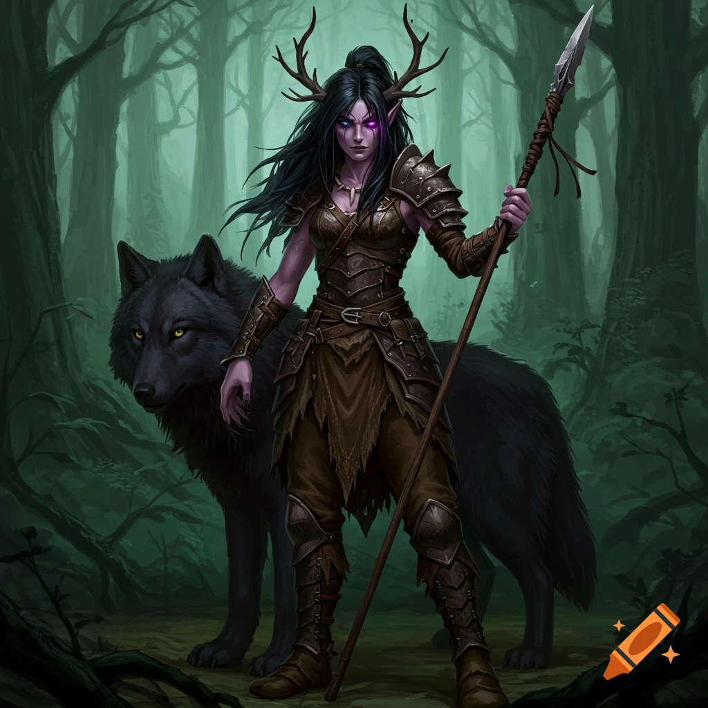 Female fantasy character with antler horns, dark hair, armor, spear, standing with a black wolf in a forest.