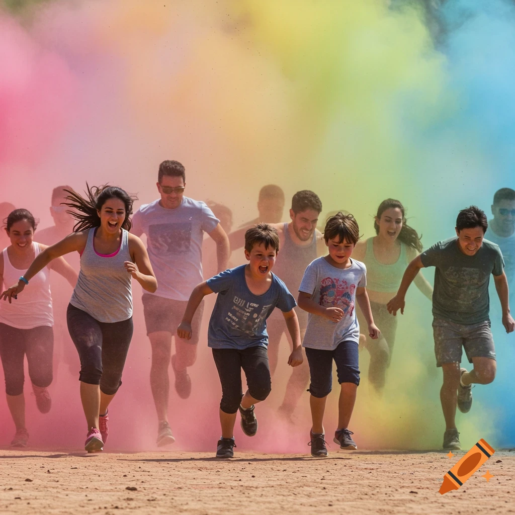 Runners are covered in colorful dust during a race.