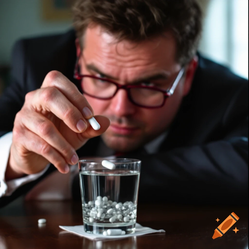 Man in a suit drops a white pill into a glass of water containing many pills.
