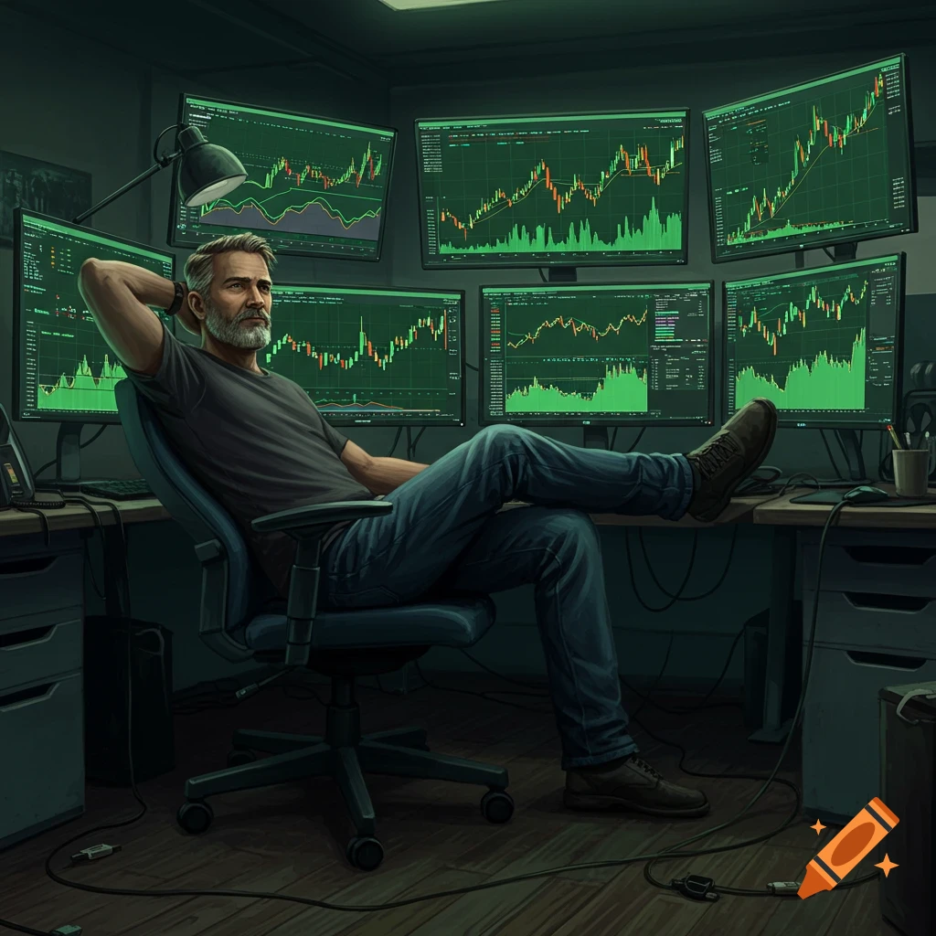 A man is relaxing at a desk surrounded by multiple monitors showing trading charts.