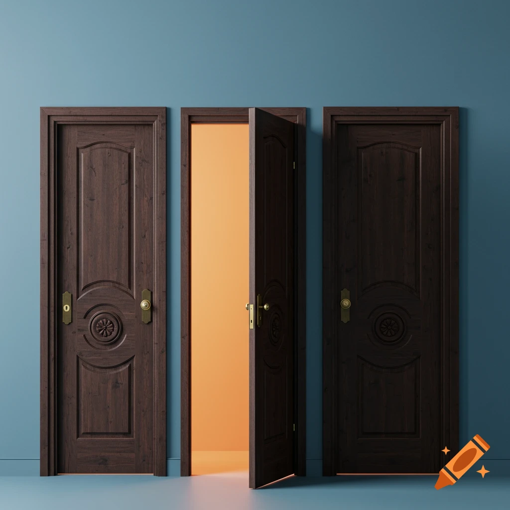 Three dark wooden doors against a blue wall, one open with orange light spilling out.