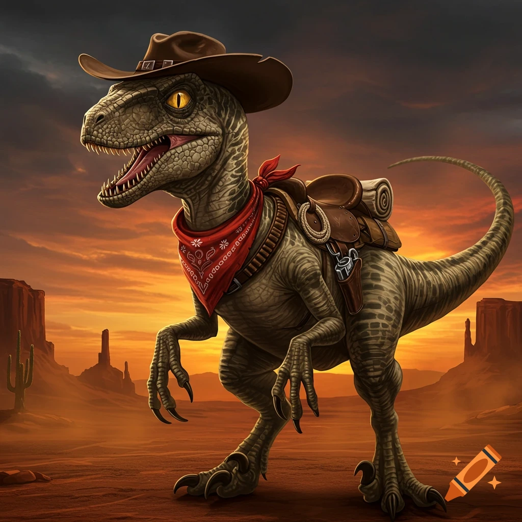 A velociraptor wearing a cowboy hat and bandana, with a saddle, stands in a desert landscape at sunset.