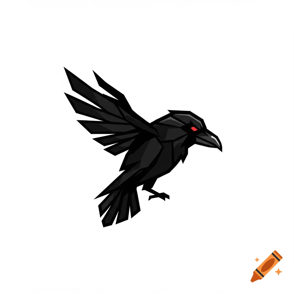 Stylized black raven with red eyes in a geometric, abstract style on a white background.