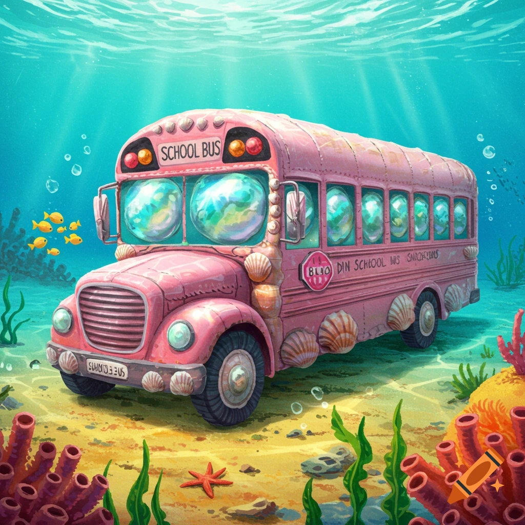 A pink school bus decorated with shells sits on the sandy ocean floor, surrounded by fish, coral, and seaweed.