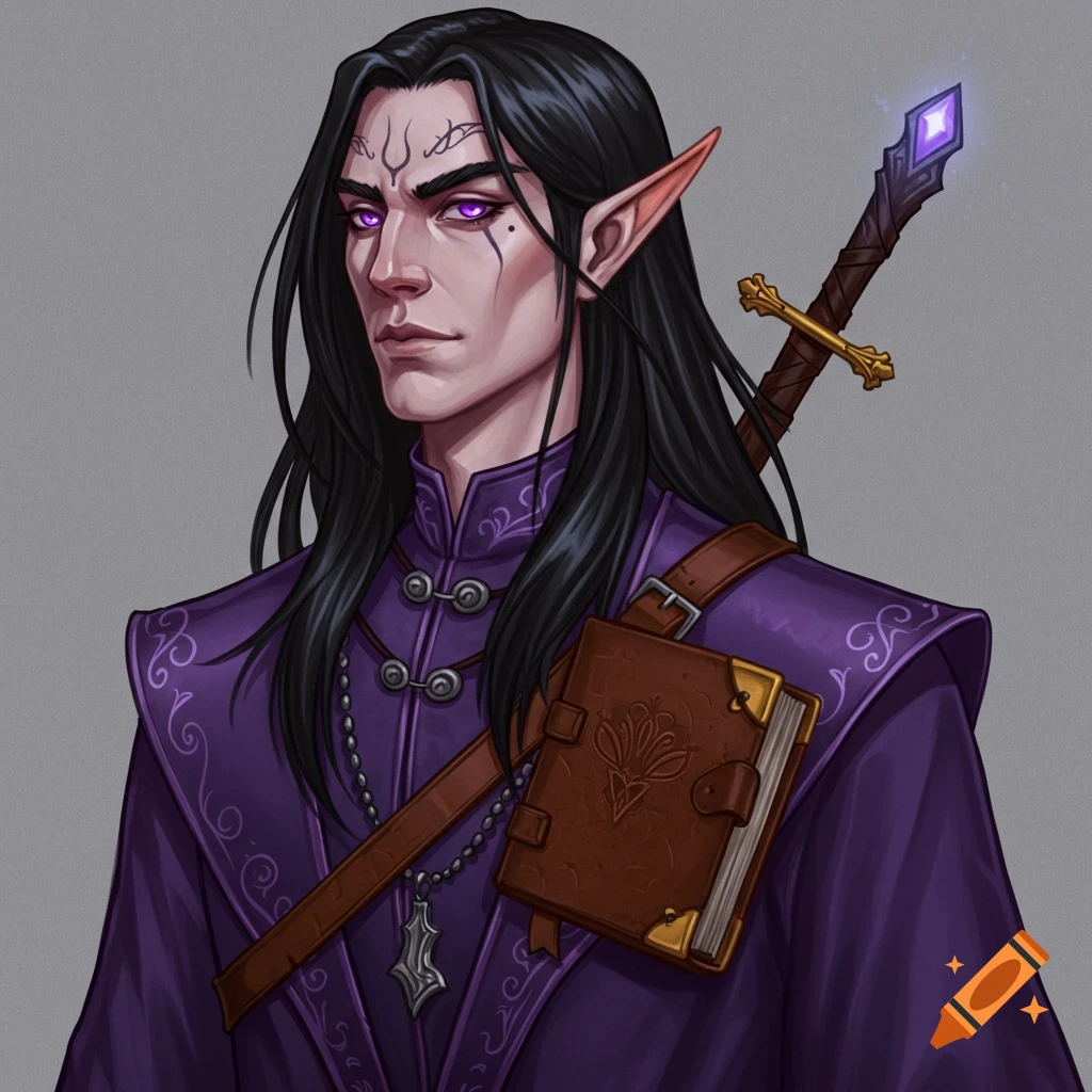 A portrait illustration of a dark-haired male elf with purple eyes, wearing a purple robe and carrying a sword and leather-bound book.